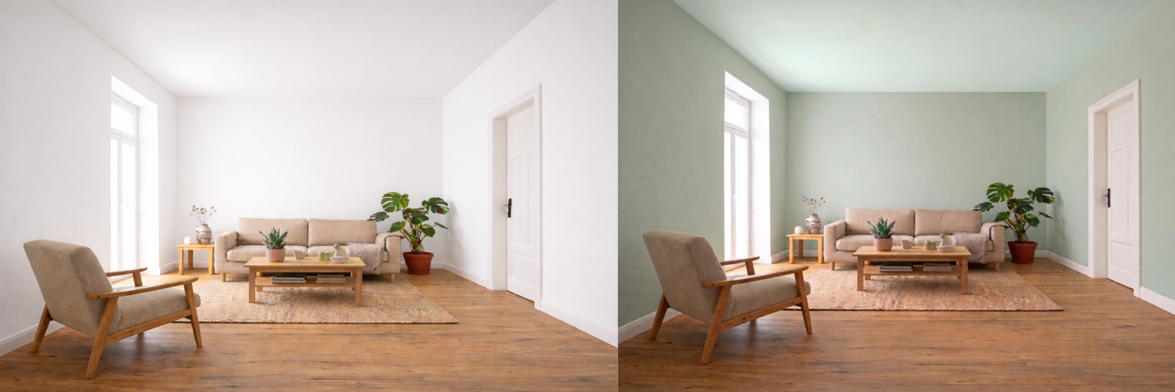 continuité colorée vert sauge salon agrandir espace
